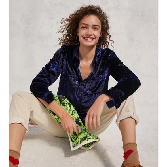 Anthropologie Pilcro Mara Velvet Long Sleeve Button Up Shirt Blue 0 - Picture 5 of 12